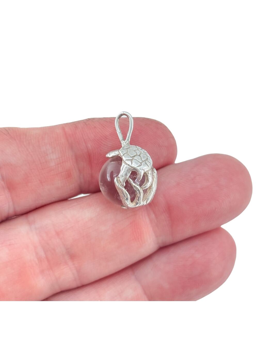 Vintage Sterling Silver 925 Turtle Quartz Marble Pendant